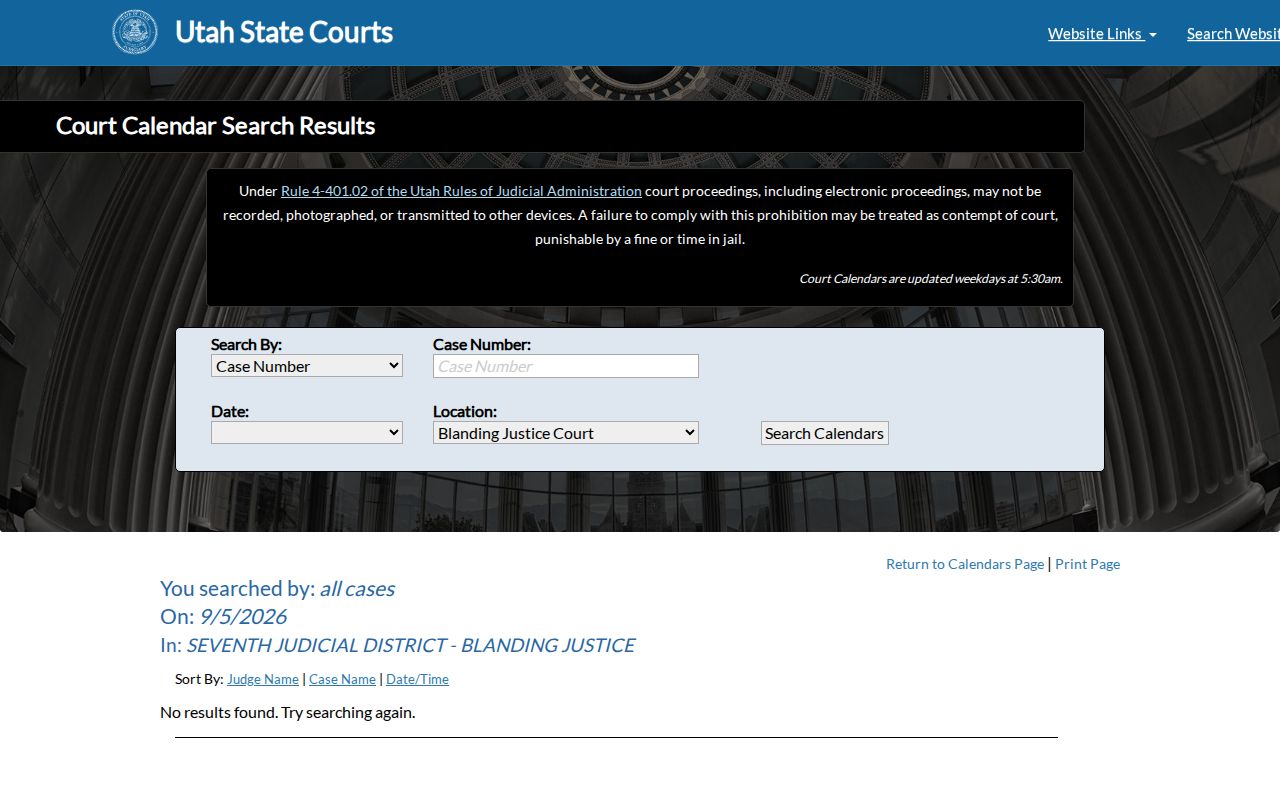 San Juan County court dates for Blanding Justice Court