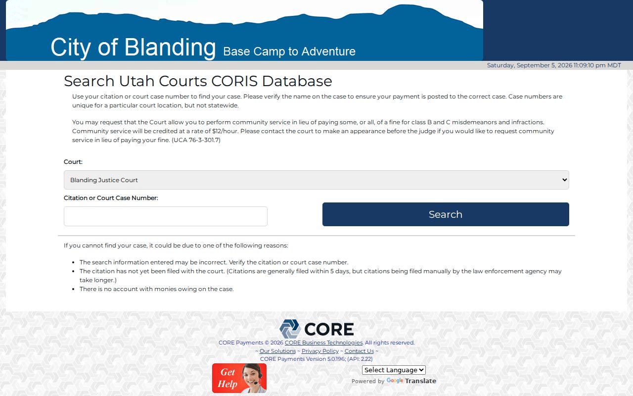 San Juan County traffic ticket search fields for Blanding Justice Court